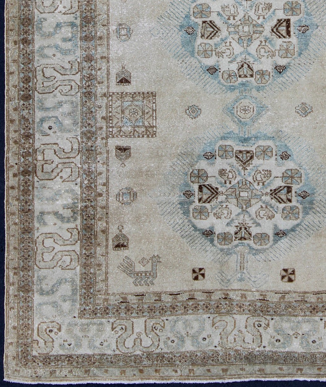 Antique Persian Tabriz Rug With Three Medallions in Muted Earth Tones and Blue. Keivan Woven Arts - Earth Tones and light blue antique Persian Ardebil Tabriz rug with medallions, rug E - 1106, country of origin / type: Iran / Tabriz, circa 1930 Ant... - Keivan Woven ArtsE - 1106 - 866Rug