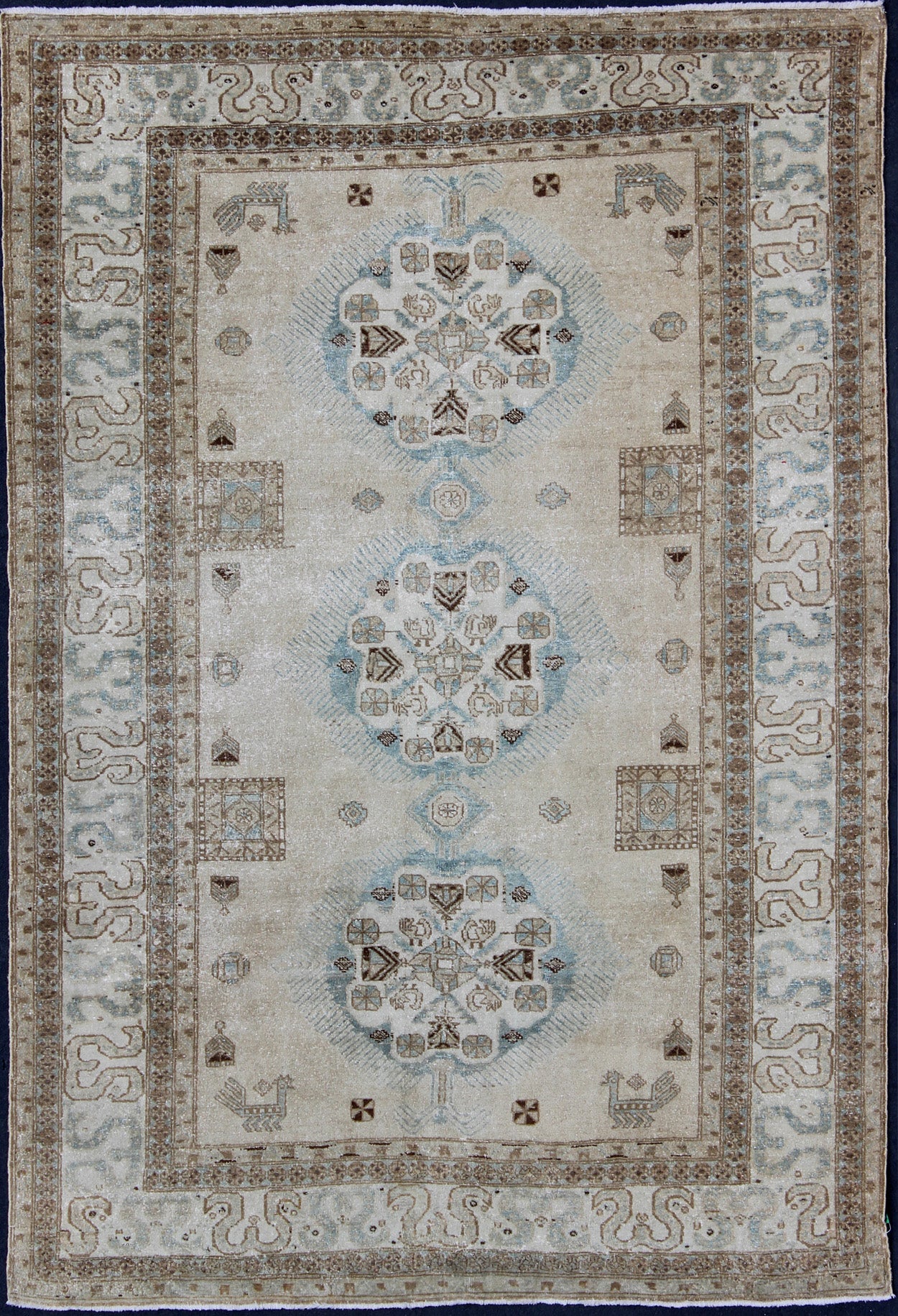 Antique Persian Tabriz Rug With Three Medallions in Muted Earth Tones and Blue. Keivan Woven Arts - Earth Tones and light blue antique Persian Ardebil Tabriz rug with medallions, rug E - 1106, country of origin / type: Iran / Tabriz, circa 1930 Ant... - Keivan Woven ArtsE - 1106 - 866Rug