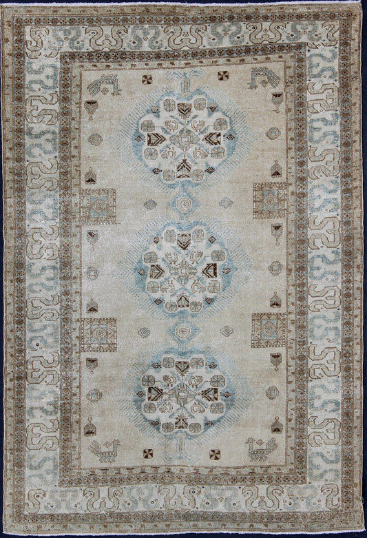 Antique Persian Tabriz Rug With Three Medallions in Muted Earth Tones and Blue. Keivan Woven Arts - Earth Tones and light blue antique Persian Ardebil Tabriz rug with medallions, rug E - 1106, country of origin / type: Iran / Tabriz, circa 1930 Ant... - Keivan Woven ArtsE - 1106 - 866Rug