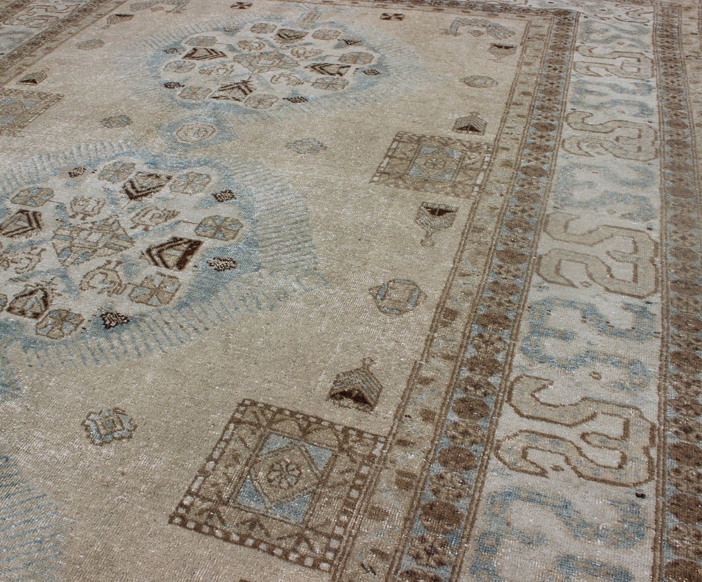 Antique Persian Tabriz Rug With Three Medallions in Muted Earth Tones and Blue. Keivan Woven Arts - Earth Tones and light blue antique Persian Ardebil Tabriz rug with medallions, rug E - 1106, country of origin / type: Iran / Tabriz, circa 1930 Ant... - Keivan Woven ArtsE - 1106 - 866Rug