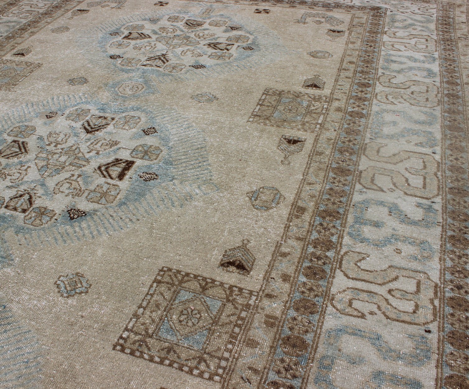 Antique Persian Tabriz Rug With Three Medallions in Muted Earth Tones and Blue. Keivan Woven Arts - Earth Tones and light blue antique Persian Ardebil Tabriz rug with medallions, rug E - 1106, country of origin / type: Iran / Tabriz, circa 1930 Ant... - Keivan Woven ArtsE - 1106 - 866Rug