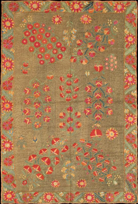 Antique Suzani with Metal Work "Suzani" means needlework and these embroideries are some of the most characteristic forms of textile art from Central Asia. The mastery of color and the dynamic sense of movement they convey continue to add depth... - Keivan Woven ArtsE - 1204 - 295