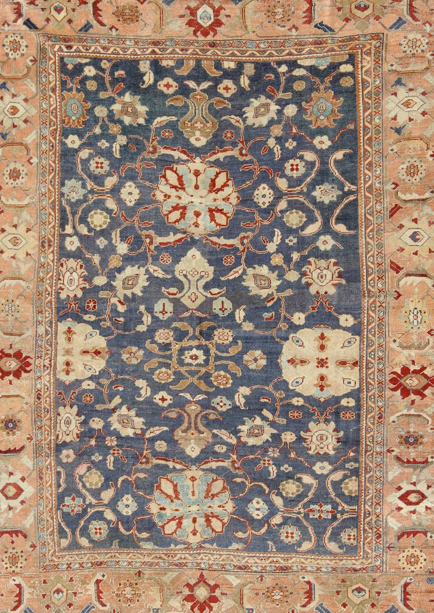 Antique Sultanabad Ziegler Persian Rug with Purple Blue Background & Soft Coral Border. Antique Sultanabad Ziegler Persian Rug. Keivan Woven Arts / rug /E - 1211, country of origin / type: Iran / Sultanabad Ziegler , circa 1880. Measures: 8... - Keivan Woven ArtsE - 1211 - 687Rug