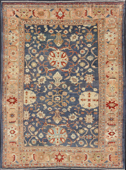 Antique Sultanabad Ziegler Persian Rug with Purple Blue Background & Soft Coral Border. Antique Sultanabad Ziegler Persian Rug. Keivan Woven Arts / rug /E - 1211, country of origin / type: Iran / Sultanabad Ziegler , circa 1880. Measures: 8... - Keivan Woven ArtsE - 1211 - 687Rug