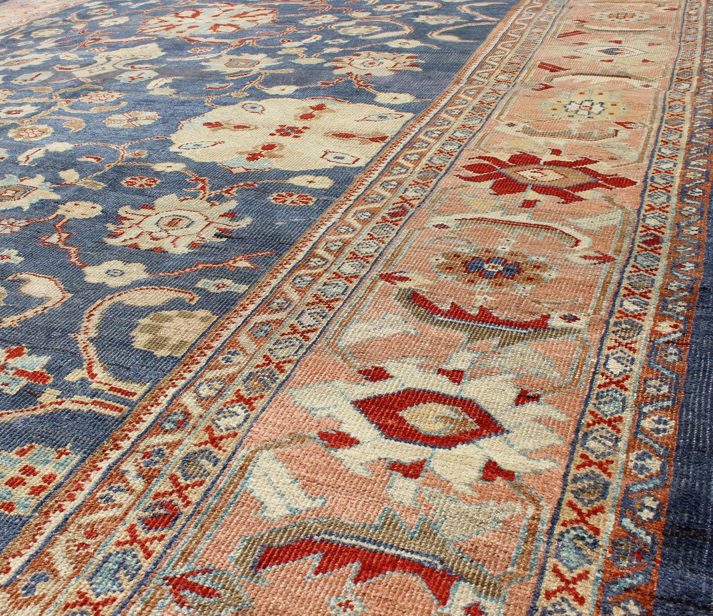 Antique Sultanabad Ziegler Persian Rug with Purple Blue Background & Soft Coral Border. Antique Sultanabad Ziegler Persian Rug. Keivan Woven Arts / rug /E - 1211, country of origin / type: Iran / Sultanabad Ziegler , circa 1880. Measures: 8... - Keivan Woven ArtsE - 1211 - 687Rug