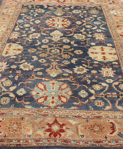 Antique Sultanabad Ziegler Persian Rug with Purple Blue Background & Soft Coral Border. Antique Sultanabad Ziegler Persian Rug. Keivan Woven Arts / rug /E - 1211, country of origin / type: Iran / Sultanabad Ziegler , circa 1880. Measures: 8... - Keivan Woven ArtsE - 1211 - 687Rug