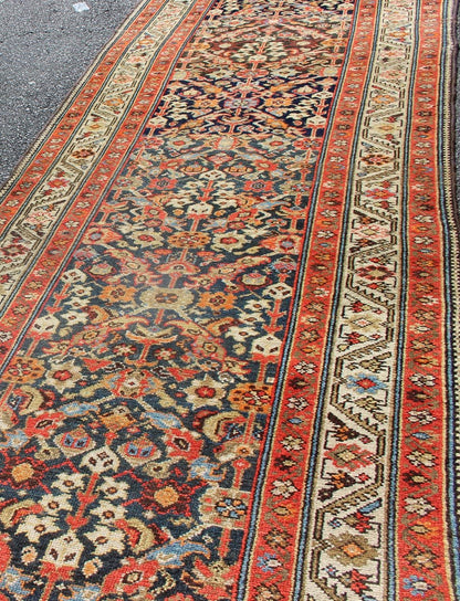 Long Persian Runner With Blue and Orange in Geometric All Over Pattern L Variegated Border Malayer antique runner from Persia with geometric repeating pattern in the background which Hosts to variegated shades of blue The main border is ivory while ... - Keivan Woven ArtsEB - 2005 - 12593Rug