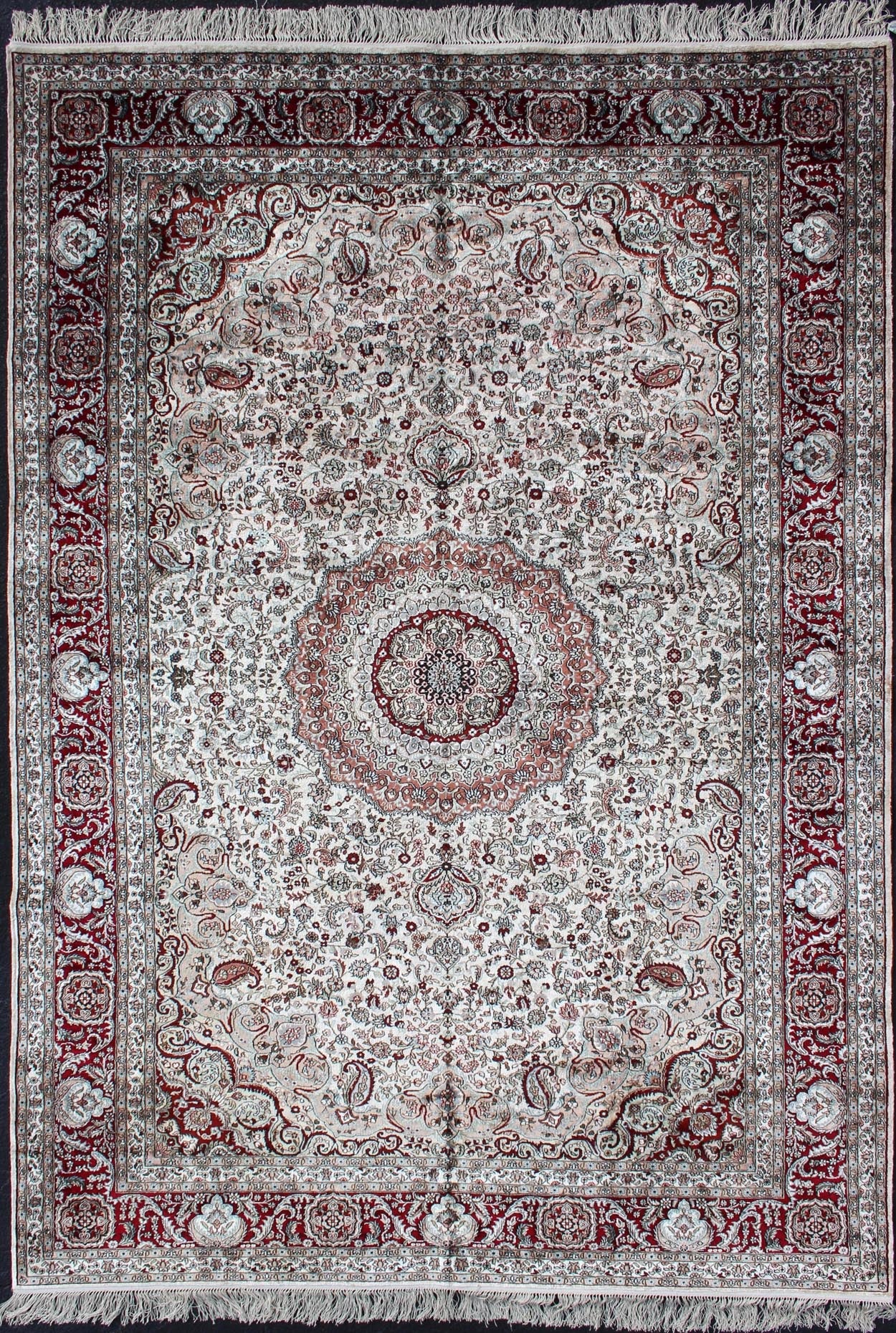 Silk Vintage Isfahan Design Medallion Carpet with Intricate Floral Elements Persian design vintage Isfahan very fine hand knotted carpet with intricate and detailed floral elements, rug EB - 200599 - 45, country of origin / type/ Isfahan, circa 1960 ... - Keivan Woven ArtsEB - 200599 - 45 - 12853Rug