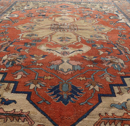 Antique Persian Serapi Rug in Geometric Medallion Design with Orange, blue & Cream. Antique Persian Serapi rug with colorful and detailed layered medallion in Rust, Orange, ivory & medium blue, light green, light orange, Salmon. Keivan Woven Ar... - Keivan Woven ArtsEB - 200644 - 13086Rug