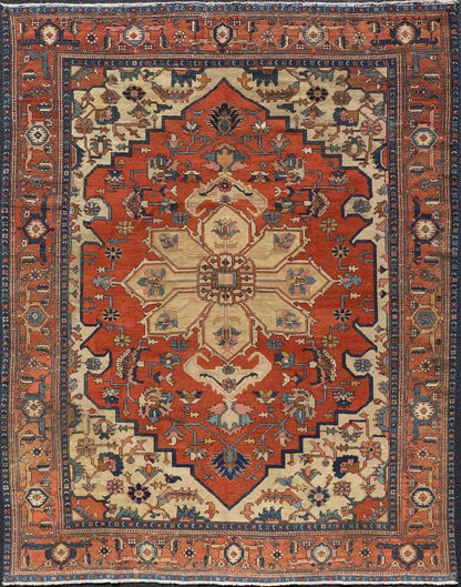 Antique Persian Serapi Rug in Geometric Medallion Design with Orange, blue & Cream. Antique Persian Serapi rug with colorful and detailed layered medallion in Rust, Orange, ivory & medium blue, light green, light orange, Salmon. Keivan Woven Ar... - Keivan Woven ArtsEB - 200644 - 13086Rug