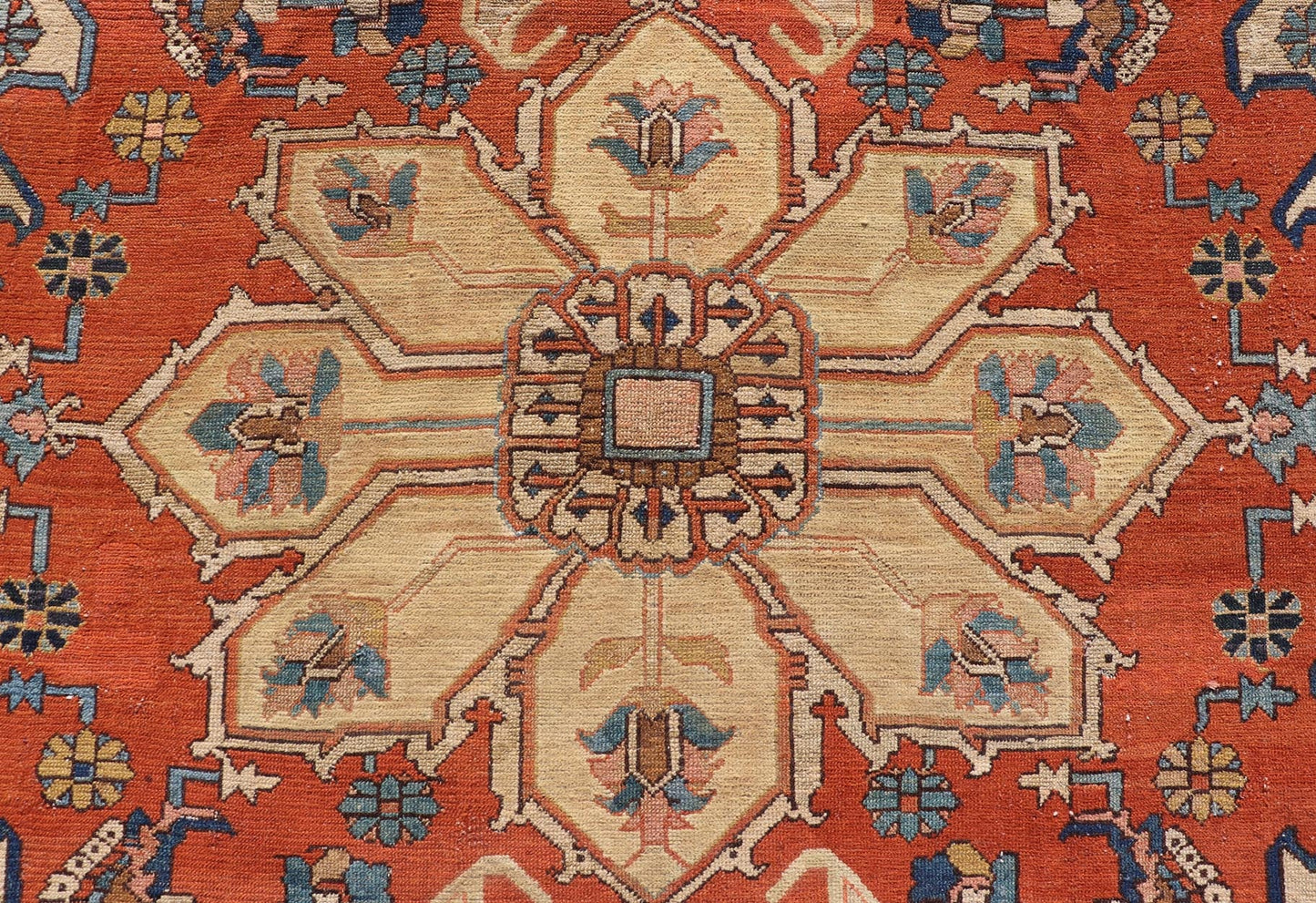 Antique Persian Serapi Rug in Geometric Medallion Design with Orange, blue & Cream. Antique Persian Serapi rug with colorful and detailed layered medallion in Rust, Orange, ivory & medium blue, light green, light orange, Salmon. Keivan Woven Ar... - Keivan Woven ArtsEB - 200644 - 13086Rug