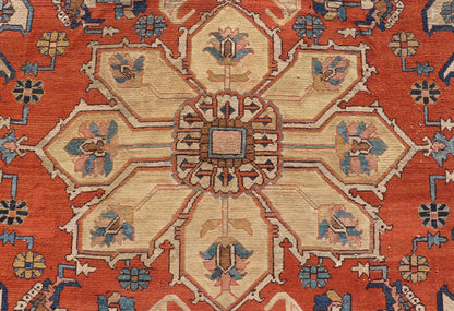 Antique Persian Serapi Rug in Geometric Medallion Design with Orange, blue & Cream. Antique Persian Serapi rug with colorful and detailed layered medallion in Rust, Orange, ivory & medium blue, light green, light orange, Salmon. Keivan Woven Ar... - Keivan Woven ArtsEB - 200644 - 13086Rug