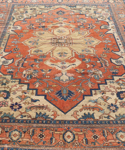 Antique Persian Serapi Rug in Geometric Medallion Design with Orange, blue & Cream. Antique Persian Serapi rug with colorful and detailed layered medallion in Rust, Orange, ivory & medium blue, light green, light orange, Salmon. Keivan Woven Ar... - Keivan Woven ArtsEB - 200644 - 13086Rug