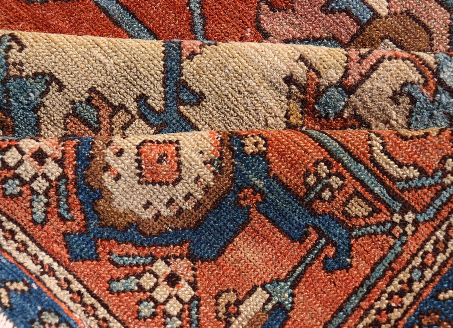 Antique Persian Serapi Rug in Geometric Medallion Design with Orange, blue & Cream. Antique Persian Serapi rug with colorful and detailed layered medallion in Rust, Orange, ivory & medium blue, light green, light orange, Salmon. Keivan Woven Ar... - Keivan Woven ArtsEB - 200644 - 13086Rug