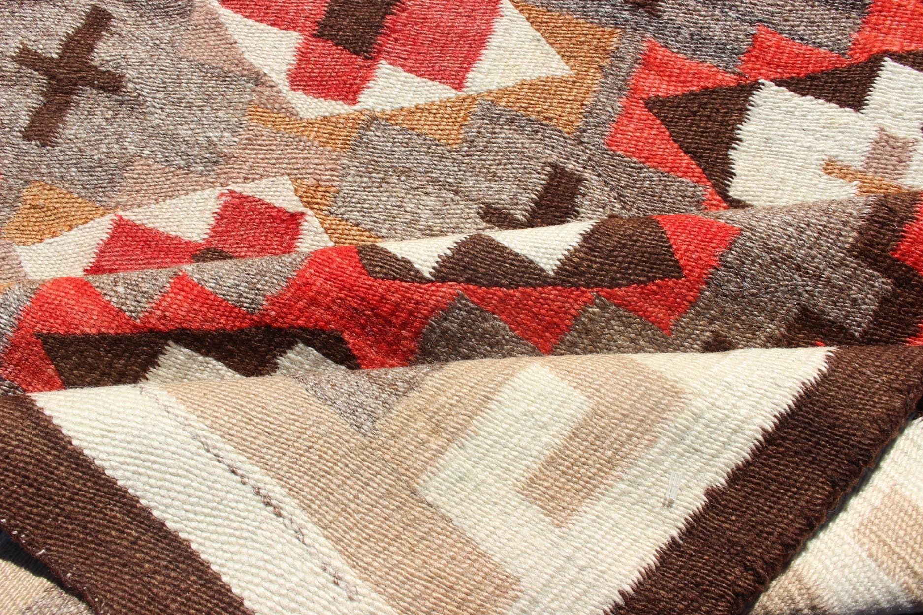 Antique Navajo Blanket with All Over Geometric in Gray, Red, Brown and Ivory. Keivan Woven Arts - Antique Navajo blanket in Multi Colors, rug EB - 29, country of origin / type: USA / Navajo Tribe This intriguing antique Navajo rug was woven in the Un... - Keivan Woven ArtsEB - 29 - 12589Rug