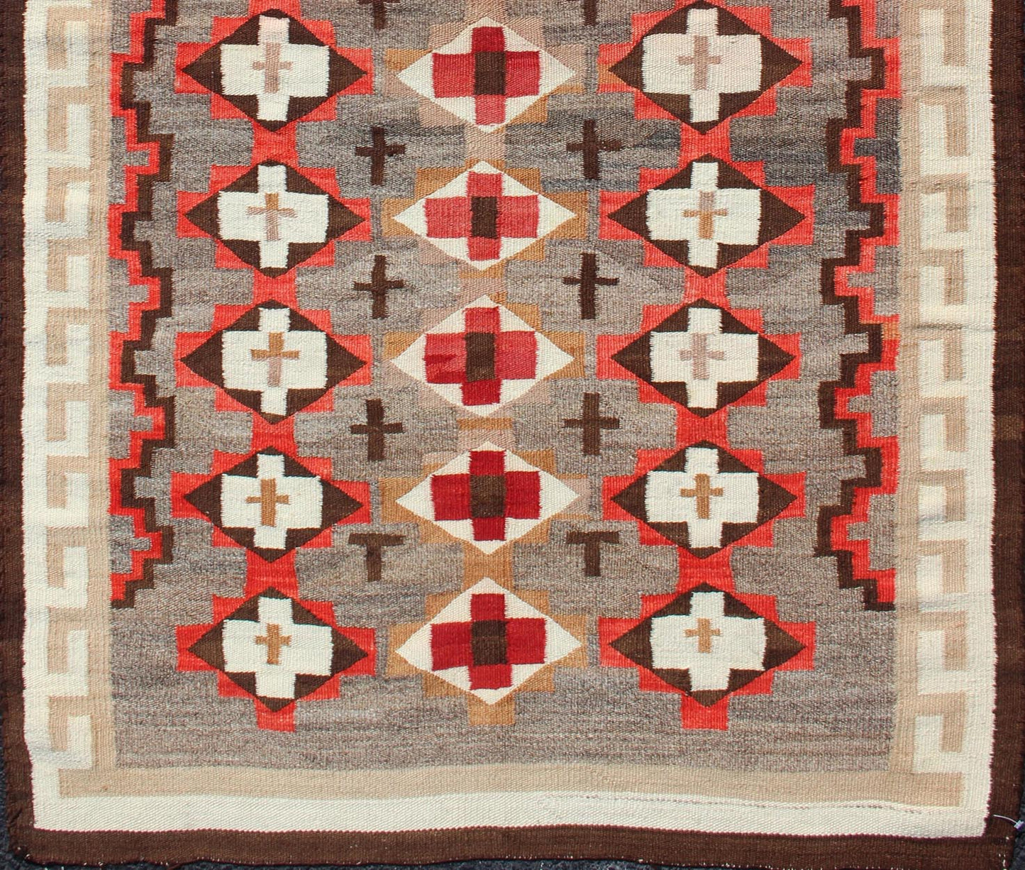 Antique Navajo Blanket with All Over Geometric in Gray, Red, Brown and Ivory. Keivan Woven Arts - Antique Navajo blanket in Multi Colors, rug EB - 29, country of origin / type: USA / Navajo Tribe This intriguing antique Navajo rug was woven in the Un... - Keivan Woven ArtsEB - 29 - 12589Rug