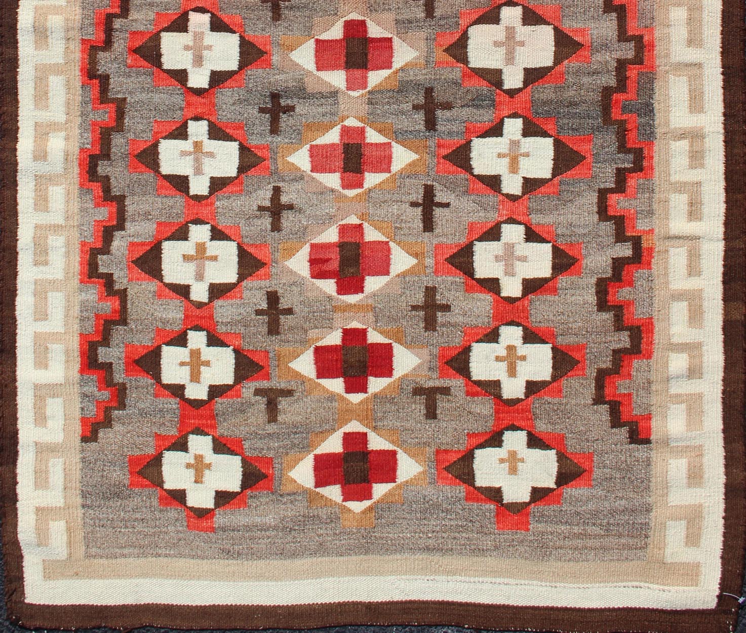 Antique Navajo Blanket with All Over Geometric in Gray, Red, Brown and Ivory. Keivan Woven Arts - Antique Navajo blanket in Multi Colors, rug EB - 29, country of origin / type: USA / Navajo Tribe This intriguing antique Navajo rug was woven in the Un... - Keivan Woven ArtsEB - 29 - 12589Rug