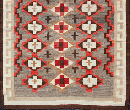 Antique Navajo Blanket with All Over Geometric in Gray, Red, Brown and Ivory. Keivan Woven Arts - Antique Navajo blanket in Multi Colors, rug EB - 29, country of origin / type: USA / Navajo Tribe This intriguing antique Navajo rug was woven in the Un... - Keivan Woven ArtsEB - 29 - 12589Rug