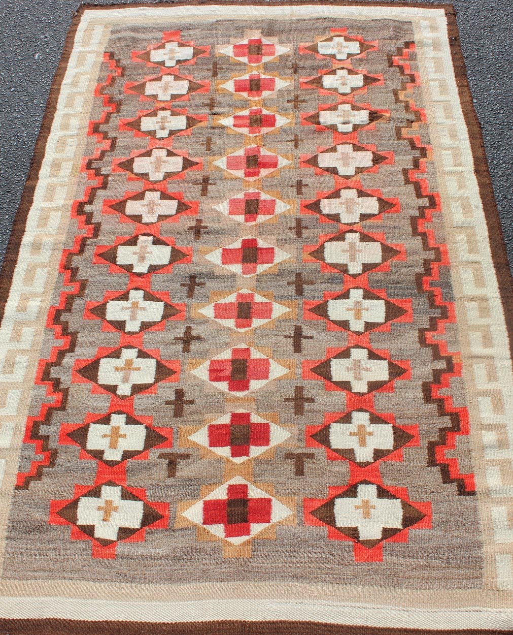 Antique Navajo Blanket with All Over Geometric in Gray, Red, Brown and Ivory. Keivan Woven Arts - Antique Navajo blanket in Multi Colors, rug EB - 29, country of origin / type: USA / Navajo Tribe This intriguing antique Navajo rug was woven in the Un... - Keivan Woven ArtsEB - 29 - 12589Rug