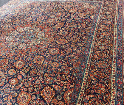 Persian Kashan All - Over Floral Fine Weave in Navy Background Fine Kashan Red and blue antique Persian Kashan rug with Arabesque blossom design, rug EB - CON1 - 13001, country of origin / type: Iran / Kashan, circa 1910 Distinct colors that a... - Keivan Woven ArtsEB - CON1 - 13001 - 12597Rug