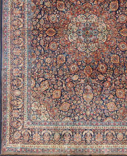 Persian Kashan All - Over Floral Fine Weave in Navy Background Fine Kashan Red and blue antique Persian Kashan rug with Arabesque blossom design, rug EB - CON1 - 13001, country of origin / type: Iran / Kashan, circa 1910 Distinct colors that a... - Keivan Woven ArtsEB - CON1 - 13001 - 12597Rug
