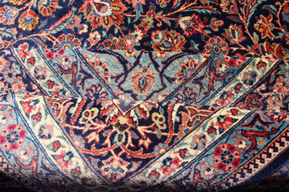Persian Kashan All - Over Floral Fine Weave in Navy Background Fine Kashan Red and blue antique Persian Kashan rug with Arabesque blossom design, rug EB - CON1 - 13001, country of origin / type: Iran / Kashan, circa 1910 Distinct colors that a... - Keivan Woven ArtsEB - CON1 - 13001 - 12597Rug