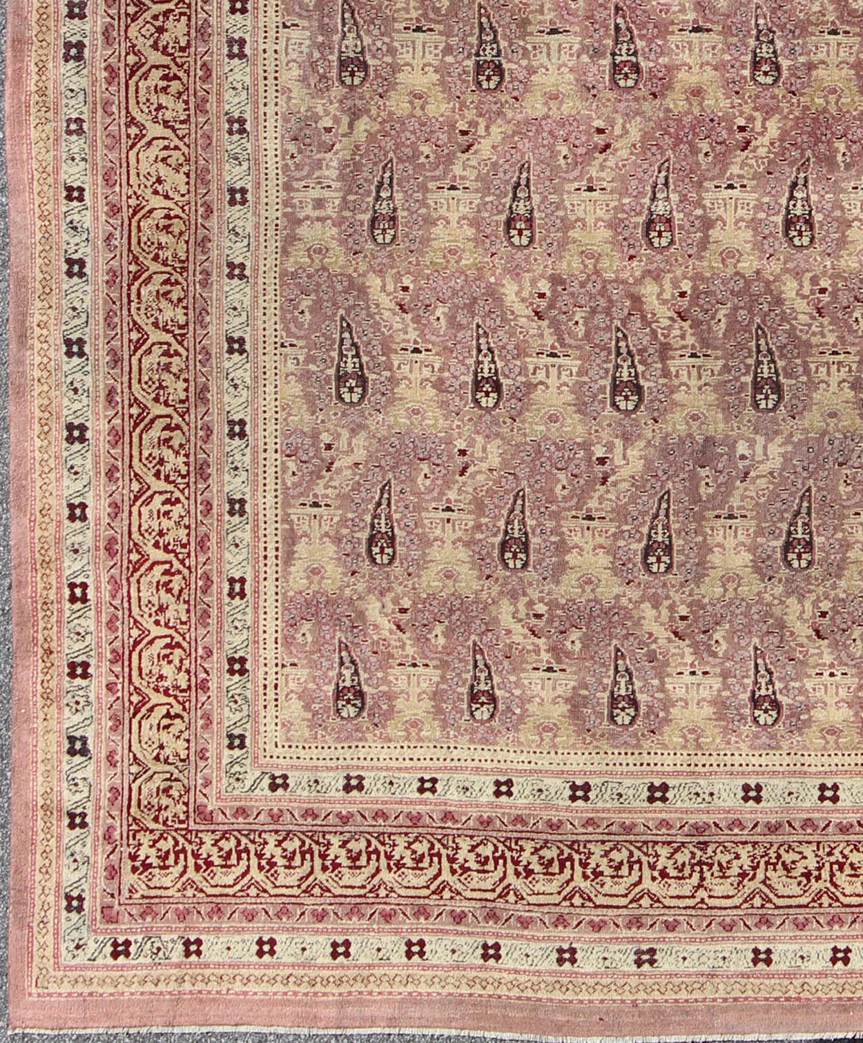 Antique Indian Amritsar rug with all - over Paisley pattern in ivory, pink, Lavender, purple, Cream, light yellow & red. Antique Indian Amritsar rug, Keivan Woven Arts/ rug/ EBD - 1001, country of origin / type: India / Amritsar, circa 1890 Measures... - Keivan Woven ArtsEBD - 1001 - 8761Rug