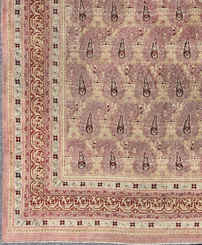 Antique Indian Amritsar rug with all - over Paisley pattern in ivory, pink, Lavender, purple, Cream, light yellow & red. Antique Indian Amritsar rug, Keivan Woven Arts/ rug/ EBD - 1001, country of origin / type: India / Amritsar, circa 1890 Measures... - Keivan Woven ArtsEBD - 1001 - 8761Rug