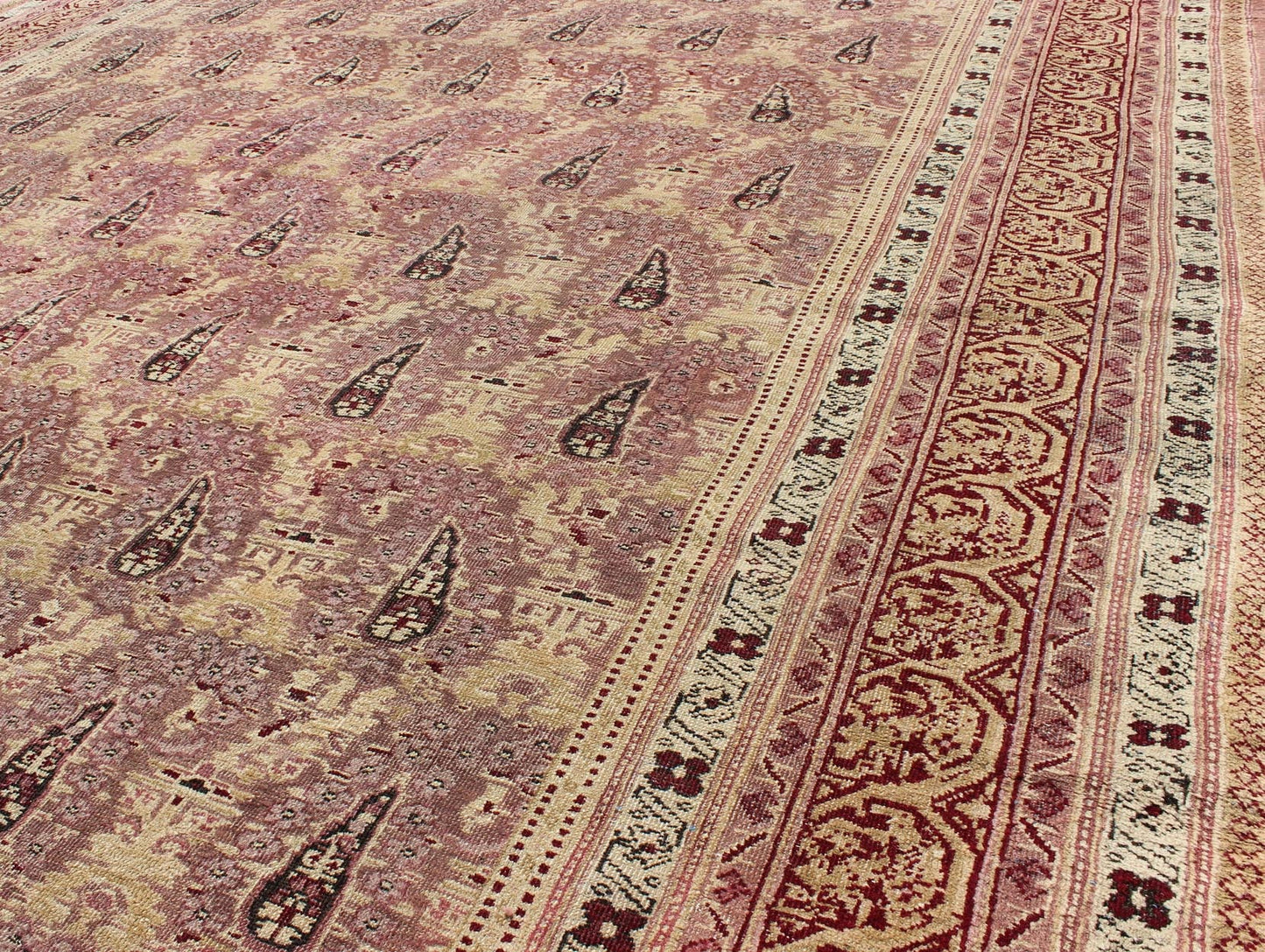 Antique Indian Amritsar rug with all - over Paisley pattern in ivory, pink, Lavender, purple, Cream, light yellow & red. Antique Indian Amritsar rug, Keivan Woven Arts/ rug/ EBD - 1001, country of origin / type: India / Amritsar, circa 1890 Measures... - Keivan Woven ArtsEBD - 1001 - 8761Rug