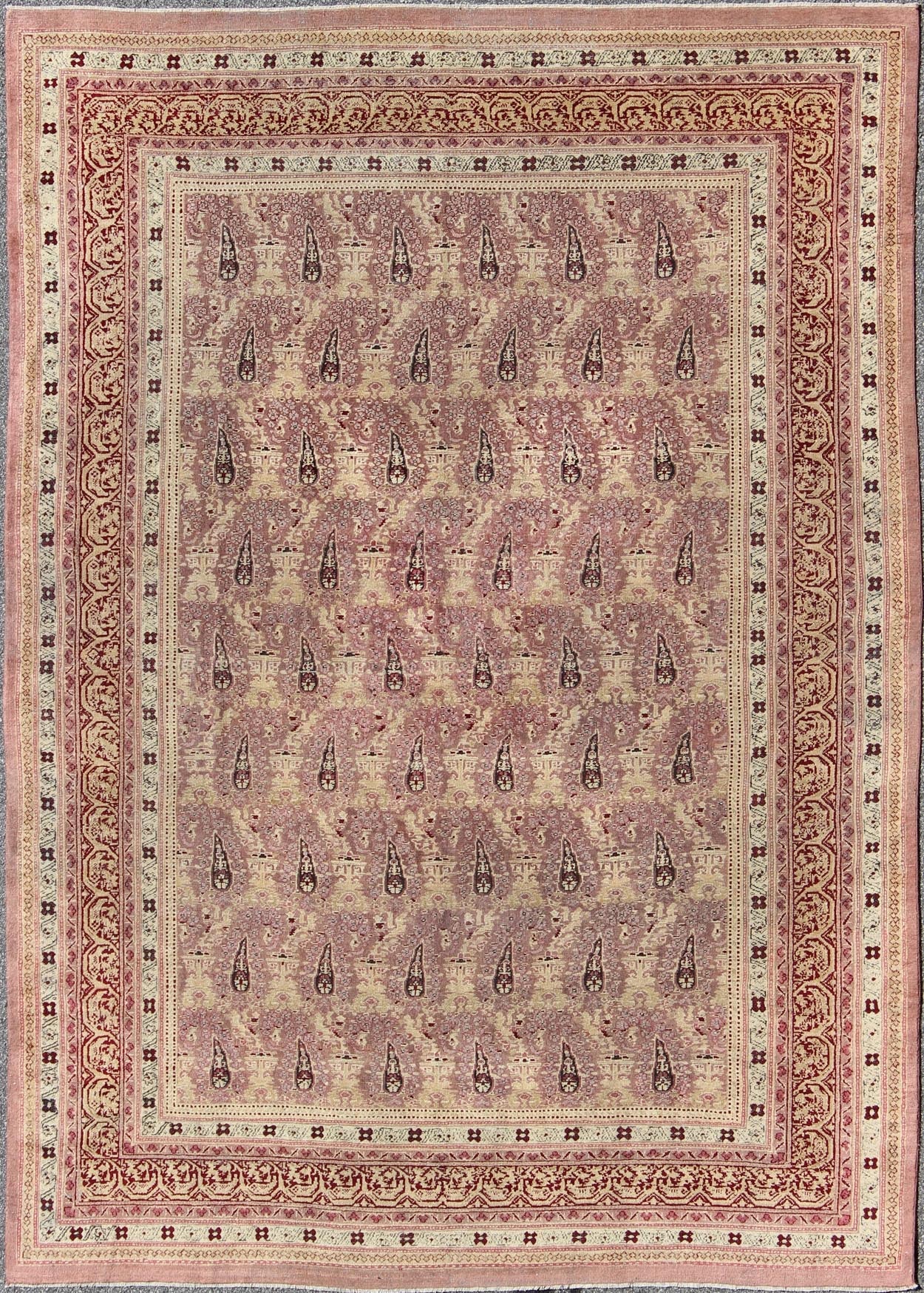 Antique Indian Amritsar rug with all - over Paisley pattern in ivory, pink, Lavender, purple, Cream, light yellow & red. Antique Indian Amritsar rug, Keivan Woven Arts/ rug/ EBD - 1001, country of origin / type: India / Amritsar, circa 1890 Measures... - Keivan Woven ArtsEBD - 1001 - 8761Rug