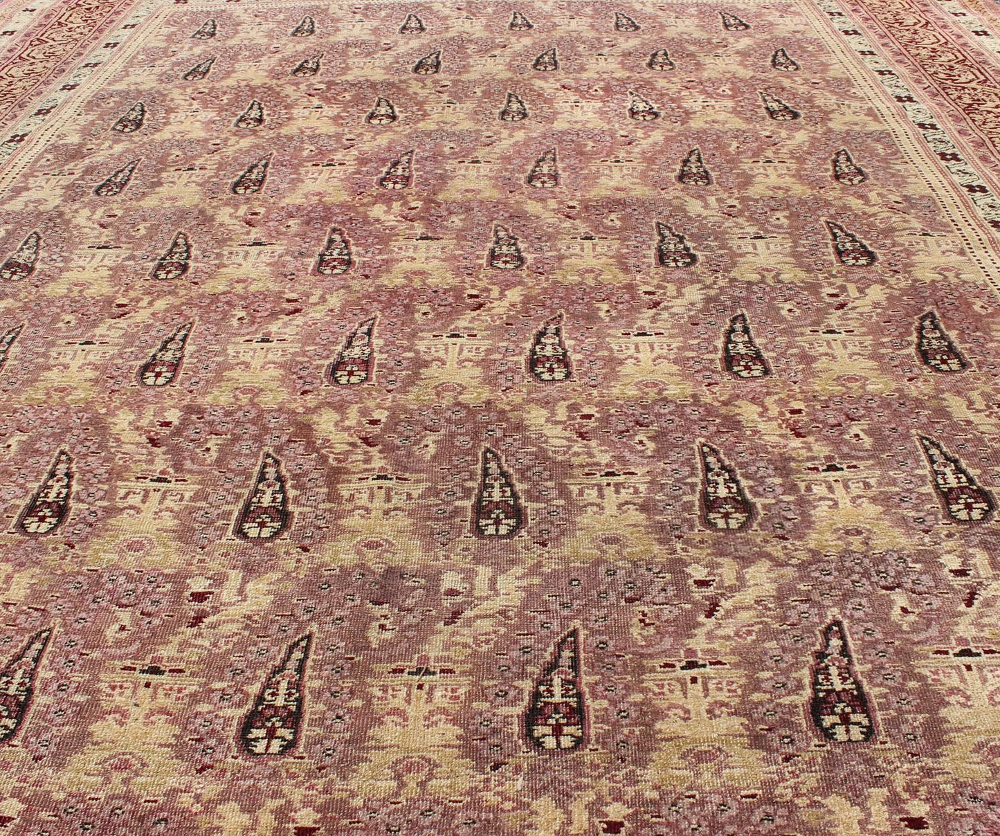 Antique Indian Amritsar rug with all - over Paisley pattern in ivory, pink, Lavender, purple, Cream, light yellow & red. Antique Indian Amritsar rug, Keivan Woven Arts/ rug/ EBD - 1001, country of origin / type: India / Amritsar, circa 1890 Measures... - Keivan Woven ArtsEBD - 1001 - 8761Rug