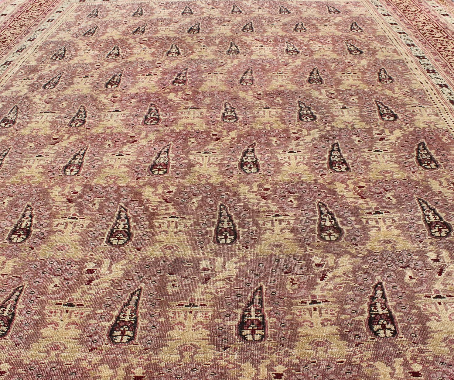 Antique Indian Amritsar rug with all - over Paisley pattern in ivory, pink, Lavender, purple, Cream, light yellow & red. Antique Indian Amritsar rug, Keivan Woven Arts/ rug/ EBD - 1001, country of origin / type: India / Amritsar, circa 1890 Measures... - Keivan Woven ArtsEBD - 1001 - 8761Rug