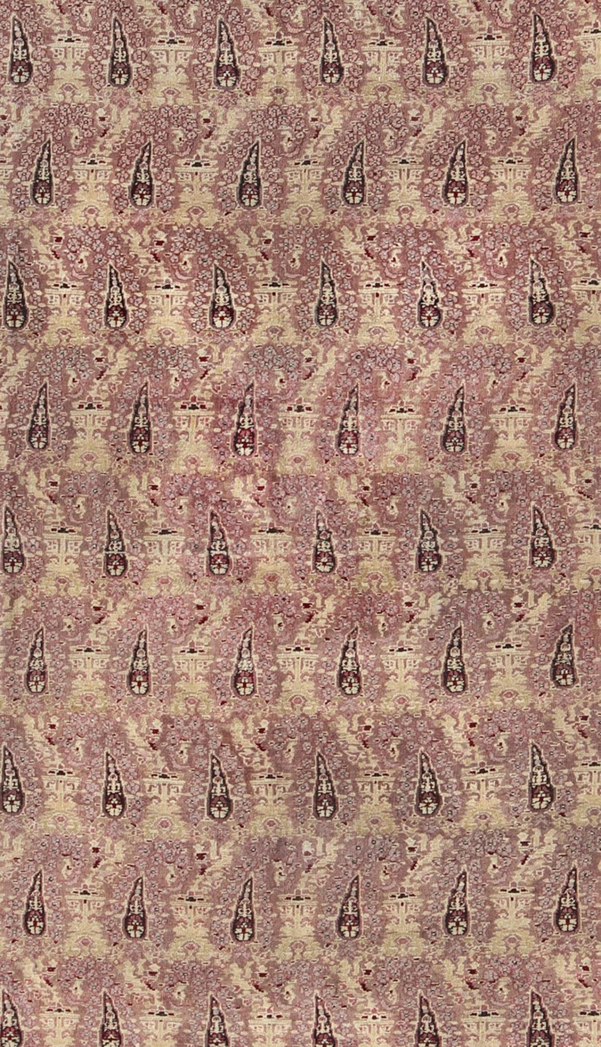 Antique Indian Amritsar rug with all - over Paisley pattern in ivory, pink, Lavender, purple, Cream, light yellow & red. Antique Indian Amritsar rug, Keivan Woven Arts/ rug/ EBD - 1001, country of origin / type: India / Amritsar, circa 1890 Measures... - Keivan Woven ArtsEBD - 1001 - 8761Rug