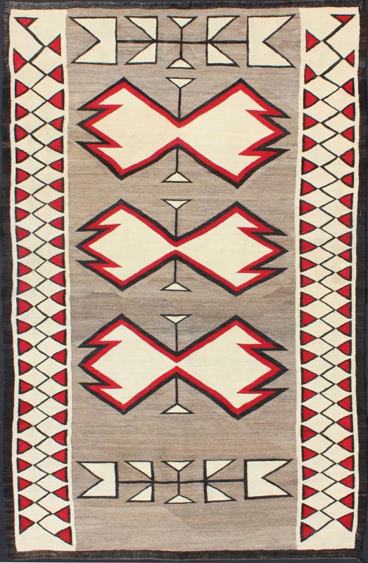 Antique Ganado Navajo Rug With Geometric Design in Red, Black, Ivory and Gray This beautiful antique Navajo textile is from the Ganado region and features a carded gray field with aniline - dyed red and black diamond crosses. The unique border of ... - Keivan Woven ArtsEBD - 1002 - 6544Rug