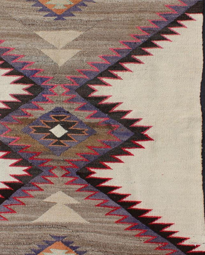 Square Size Native American Navajo Rug in Geometrics With Ivory, Light Brown & Purple 1940's native American Navajo rug with geometric design in red, light brown, black, ivory, and purple Keivan Woven Arts/ rug EBD - 1005, country of origin / type... - Keivan Woven ArtsEBD - 1005 - 6466Rug