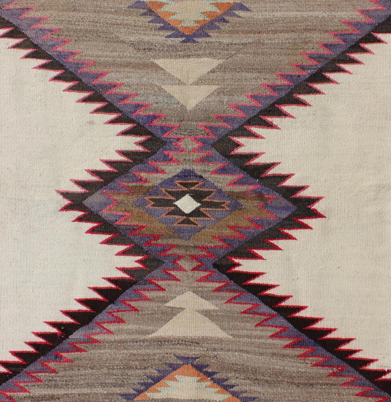 Square Size Native American Navajo Rug in Geometrics With Ivory, Light Brown & Purple 1940's native American Navajo rug with geometric design in red, light brown, black, ivory, and purple Keivan Woven Arts/ rug EBD - 1005, country of origin / type... - Keivan Woven ArtsEBD - 1005 - 6466Rug
