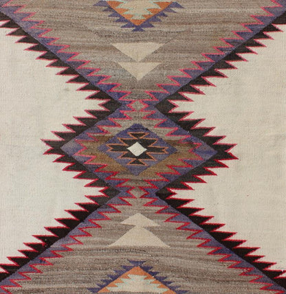Square Size Native American Navajo Rug in Geometrics With Ivory, Light Brown & Purple 1940's native American Navajo rug with geometric design in red, light brown, black, ivory, and purple Keivan Woven Arts/ rug EBD - 1005, country of origin / type... - Keivan Woven ArtsEBD - 1005 - 6466Rug
