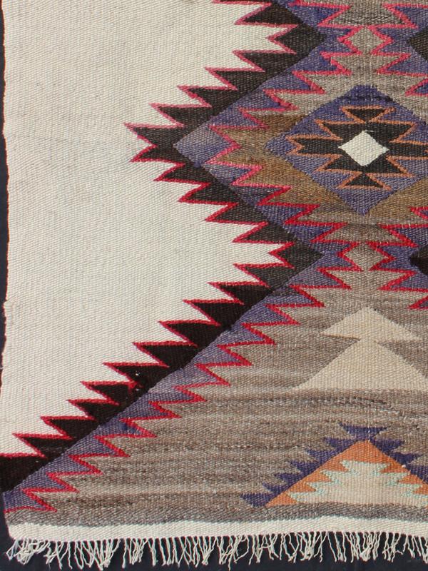 Square Size Native American Navajo Rug in Geometrics With Ivory, Light Brown & Purple 1940's native American Navajo rug with geometric design in red, light brown, black, ivory, and purple Keivan Woven Arts/ rug EBD - 1005, country of origin / type... - Keivan Woven ArtsEBD - 1005 - 6466Rug