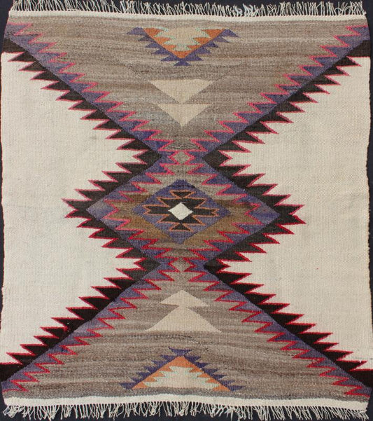 Square Size Native American Navajo Rug in Geometrics With Ivory, Light Brown & Purple 1940's native American Navajo rug with geometric design in red, light brown, black, ivory, and purple Keivan Woven Arts/ rug EBD - 1005, country of origin / type... - Keivan Woven ArtsEBD - 1005 - 6466Rug