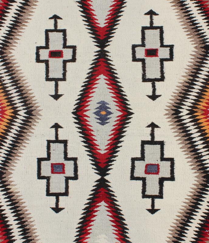 Antique Navajo Rug in Gray, Ivory, Black, Orange, and Red This Southwestern Navajo rug features designs and coloring most consistent with textiles that originated at the Ganado Trading Post. It's woven of native, hand - spun wool in natural color... - Keivan Woven ArtsEBD - 1007 - 6470Rug