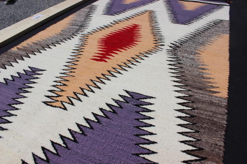 Vintage Navajo Rug in Purple, Gray, Ivory, Black, Peach, Lavender, and Red. Native American Navajo rug with geometric design in red, peach, grey, lavender, white and black, rug EBD - 1010, country of origin / type: America / Navajo, circa 1940. ... - Keivan Woven ArtsEBD - 1010 - 6474Rug