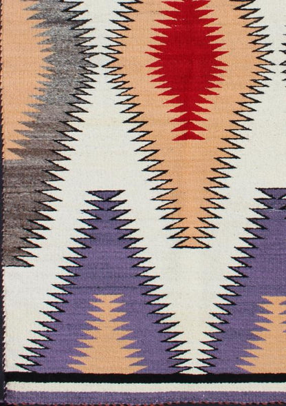 Vintage Navajo Rug in Purple, Gray, Ivory, Black, Peach, Lavender, and Red. Native American Navajo rug with geometric design in red, peach, grey, lavender, white and black, rug EBD - 1010, country of origin / type: America / Navajo, circa 1940. ... - Keivan Woven ArtsEBD - 1010 - 6474Rug