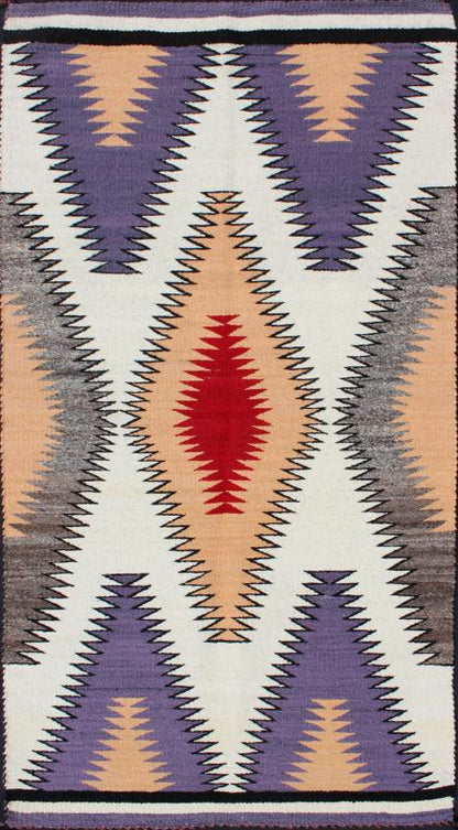 Vintage Navajo Rug in Purple, Gray, Ivory, Black, Peach, Lavender, and Red. Native American Navajo rug with geometric design in red, peach, grey, lavender, white and black, rug EBD - 1010, country of origin / type: America / Navajo, circa 1940. ... - Keivan Woven ArtsEBD - 1010 - 6474Rug