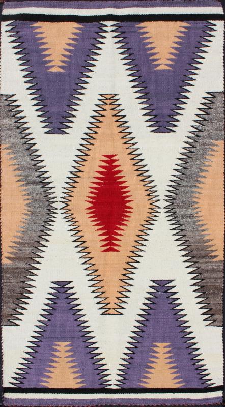 Vintage Navajo Rug in Purple, Gray, Ivory, Black, Peach, Lavender, and Red. Native American Navajo rug with geometric design in red, peach, grey, lavender, white and black, rug EBD - 1010, country of origin / type: America / Navajo, circa 1940. ... - Keivan Woven ArtsEBD - 1010 - 6474Rug
