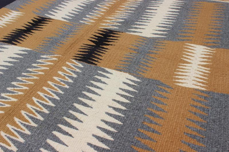 Tribal Small Navajo Kilim with Gold, Gray, Ivory, and Black 1940s American Navajo Kilim with geometric design in ivory, marigold, black and grey kilim EBD - 1011, country of origin / type: America / Navajo, circa 1940. This intriguing antiq... - Keivan Woven ArtsEBD - 1011 - 6478Rug