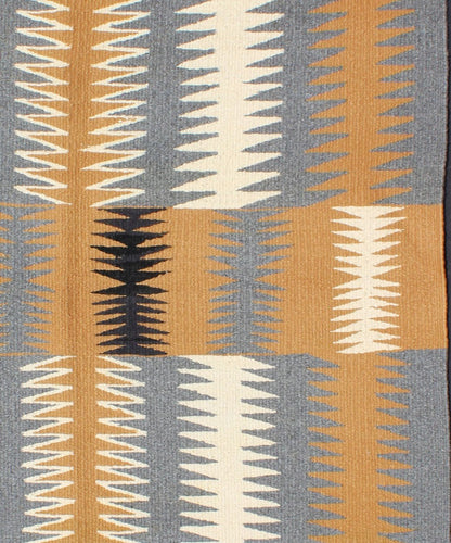 Tribal Small Navajo Kilim with Gold, Gray, Ivory, and Black 1940s American Navajo Kilim with geometric design in ivory, marigold, black and grey kilim EBD - 1011, country of origin / type: America / Navajo, circa 1940. This intriguing antiq... - Keivan Woven ArtsEBD - 1011 - 6478Rug