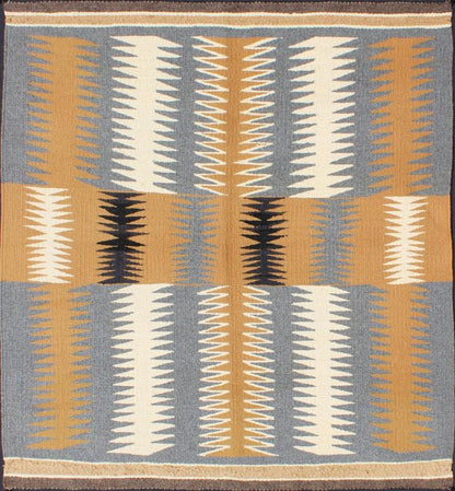 Tribal Small Navajo Kilim with Gold, Gray, Ivory, and Black 1940s American Navajo Kilim with geometric design in ivory, marigold, black and grey kilim EBD - 1011, country of origin / type: America / Navajo, circa 1940. This intriguing antiq... - Keivan Woven ArtsEBD - 1011 - 6478Rug