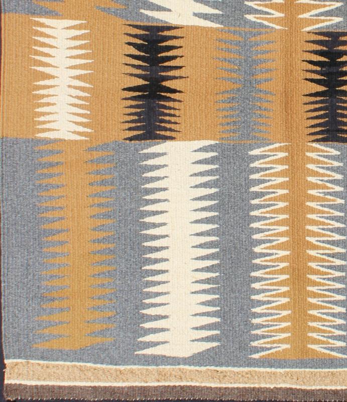 Tribal Small Navajo Kilim with Gold, Gray, Ivory, and Black 1940s American Navajo Kilim with geometric design in ivory, marigold, black and grey kilim EBD - 1011, country of origin / type: America / Navajo, circa 1940. This intriguing antiq... - Keivan Woven ArtsEBD - 1011 - 6478Rug