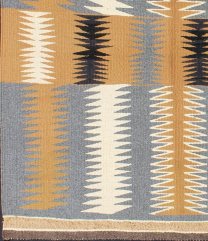 Tribal Small Navajo Kilim with Gold, Gray, Ivory, and Black 1940s American Navajo Kilim with geometric design in ivory, marigold, black and grey kilim EBD - 1011, country of origin / type: America / Navajo, circa 1940. This intriguing antiq... - Keivan Woven ArtsEBD - 1011 - 6478Rug