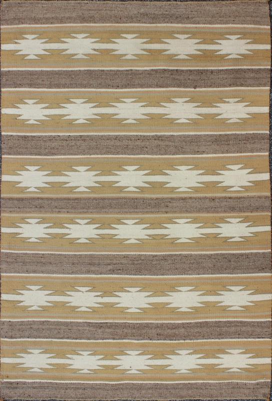 Vintage USA Navajo Flat - Weave in Earthy Tones 1950s American Navajo Kilim with geometric design in muted marigold, grey and ivory rug EBD - 1018, country of origin / type: America / Navajo, circa 1950 This intriguing antique Navajo Kilim, c... - Keivan Woven ArtsEBD - 1018 - 6556Rug